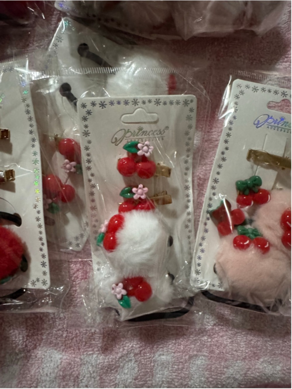 12 Pc Cherry Hair Accessory Bundle | Pom Pom Hair Ties & Matching Clips Kawaii C - Picture 8 of 9